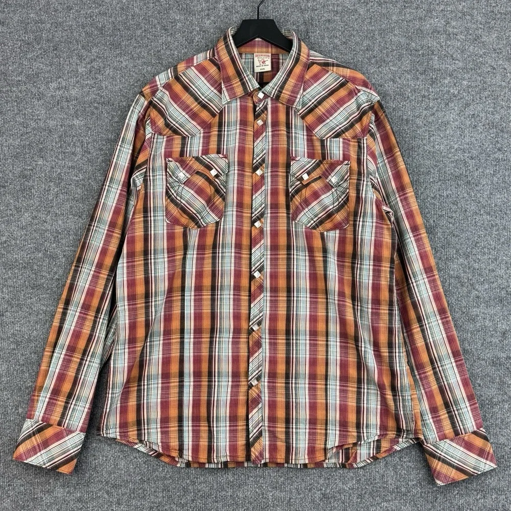 True Religion Western Button Up Shirt Mens 3XL Multi Plaid Diamond Pearl Snap
